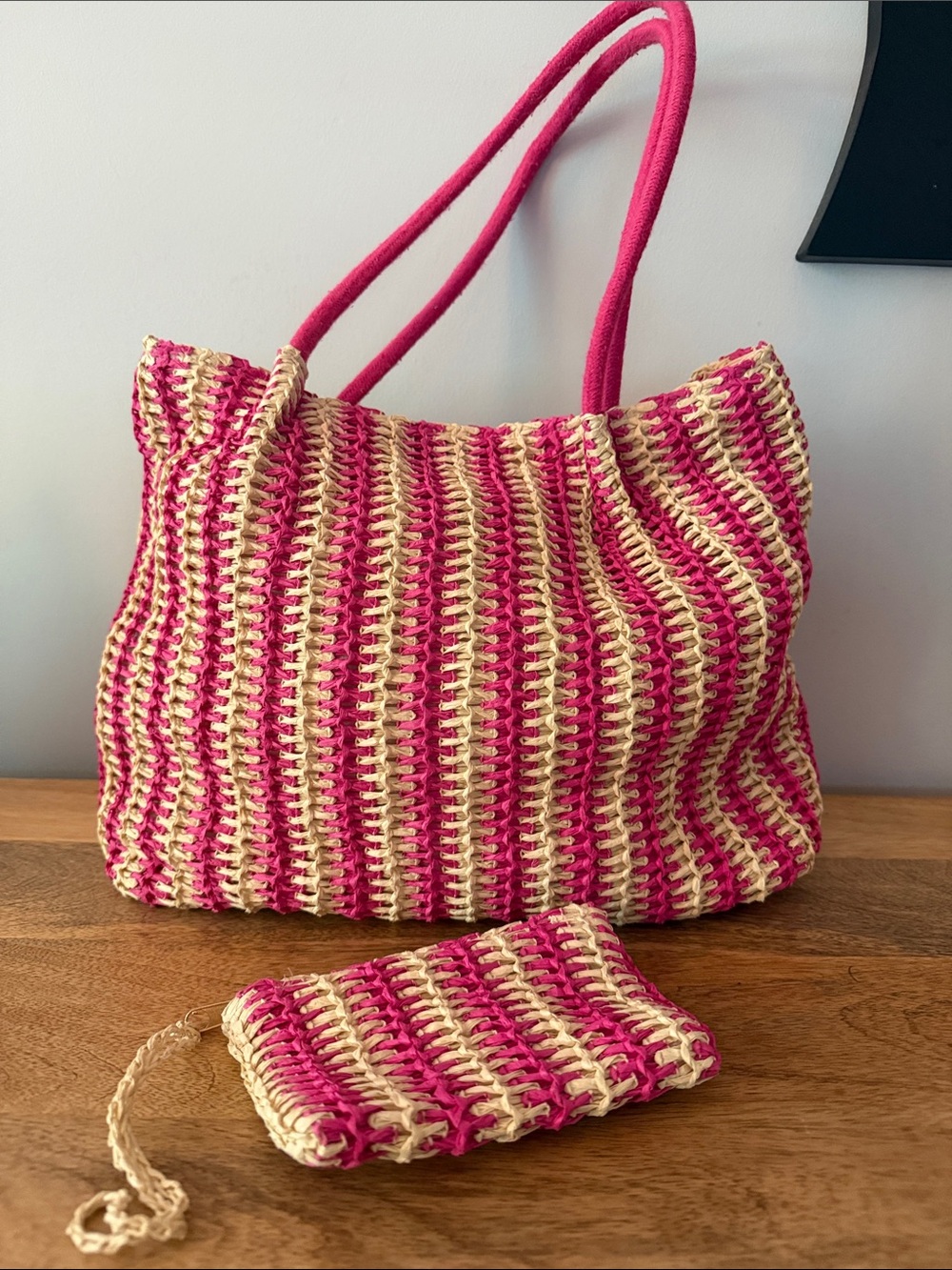 Pink & Cream Woven Tote Bag with Wristlet